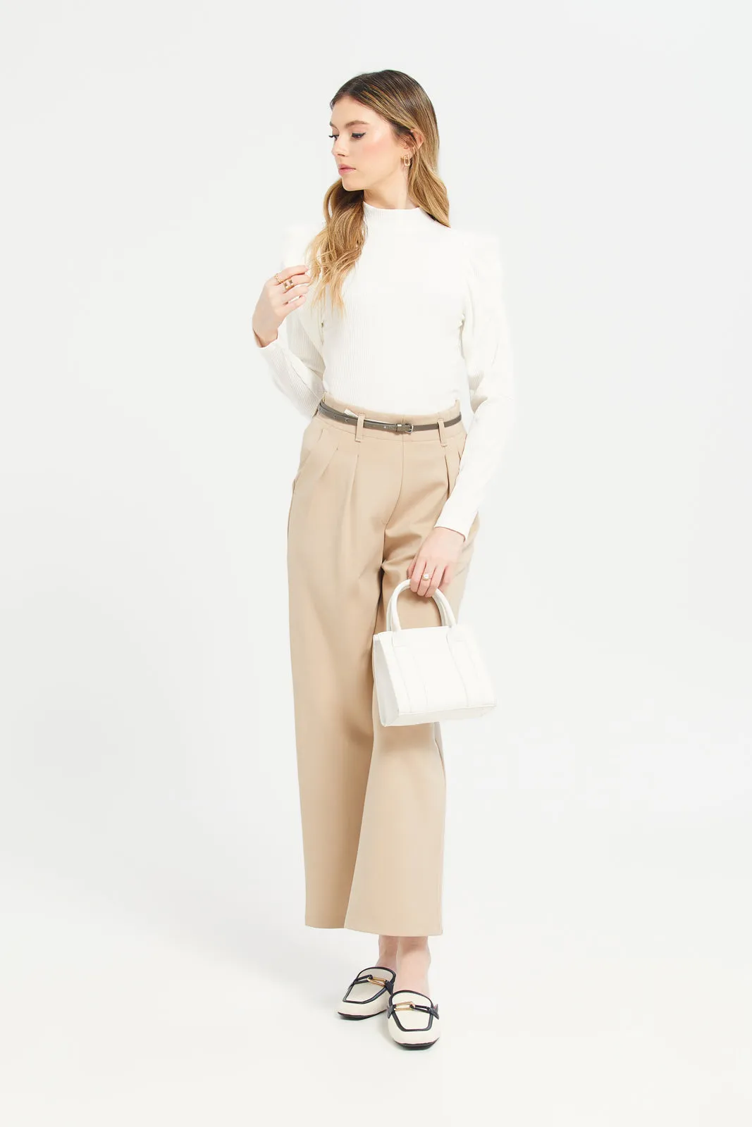 Women Beige High Waist Plain Trouser